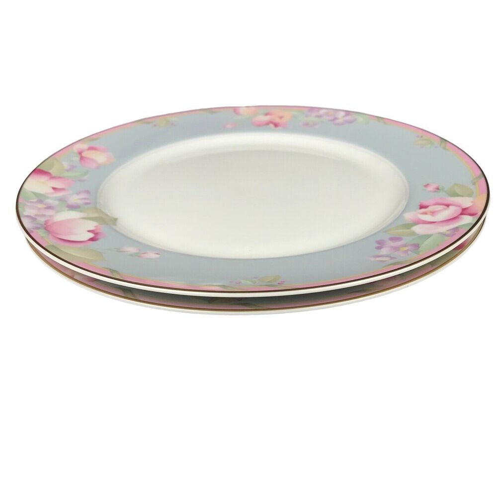2 Mikasa Braemar Gray Dinner Plates 10.75'' Fine China Floral Border Gold Trim